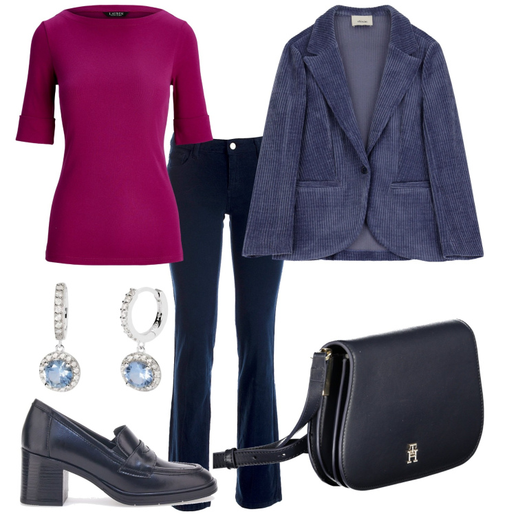 Outfit donna - Lovely. Stile Casual chic per Tutti i giorni. Abbinamento con orecchini, blazer, pantaloni, maglieria, mocassini, borse a tracolla.