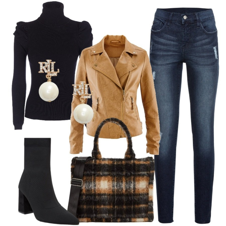 Outfit donna - Jeans in ufficio. Stile Trendy per Ufficio. Abbinamento con jeans strappati, blazer, shopping bag, stivaletti, maglieria, orecchini.