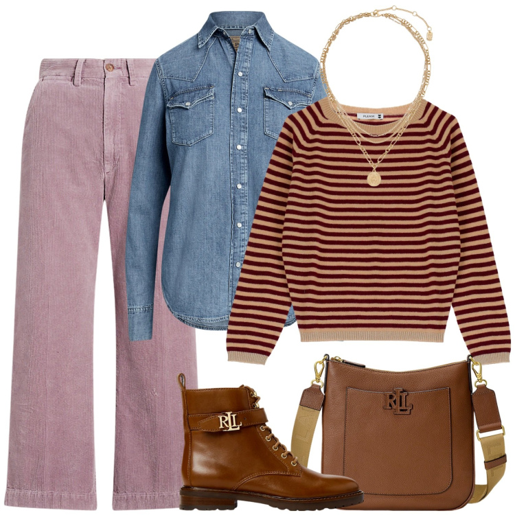 Outfit donna - Velluto rosa. Stile Casual per Scuola/Università. Abbinamento con pullovers, ciondoli, borse a tracolla, pantaloni, stivaletti, camicie.