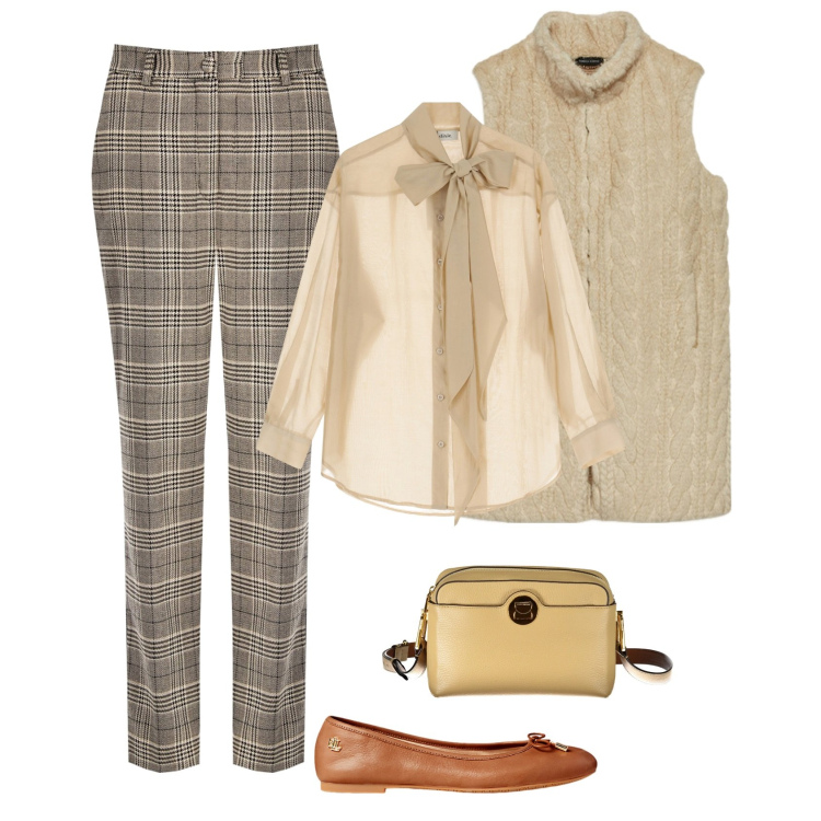 Outfit donna - Passeggiata nel parco. Stile Casual per Tutti i giorni. Abbinamento con pantaloni, camicie, ballerine, borse a tracolla, gilet.