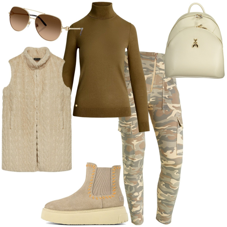 Outfit donna - Total look #1993410. Stile Casual per Tutti i giorni. Abbinamento con pantaloni cargo, occhiali da sole, maglieria, stivaletti, gilet, zaini.
