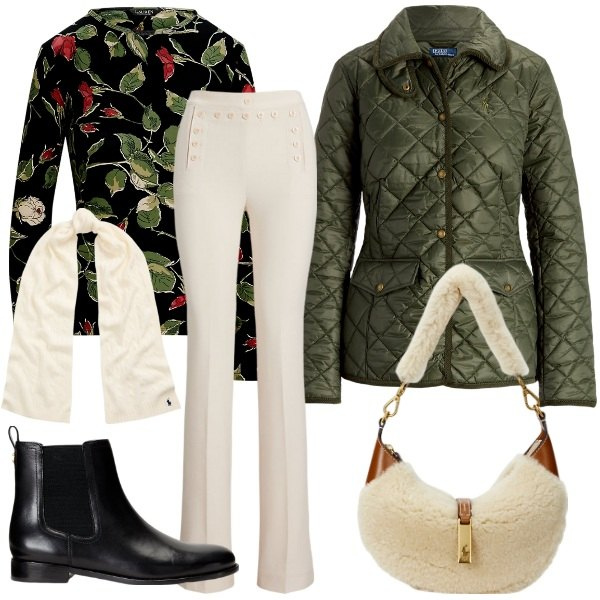 Outfit donna - Shopping da Lauren. Stile Casual per Ufficio. Abbinamento con sciarpe, giacche, borse a spalla, t-shirt, stivaletti chelsea, pantaloni.