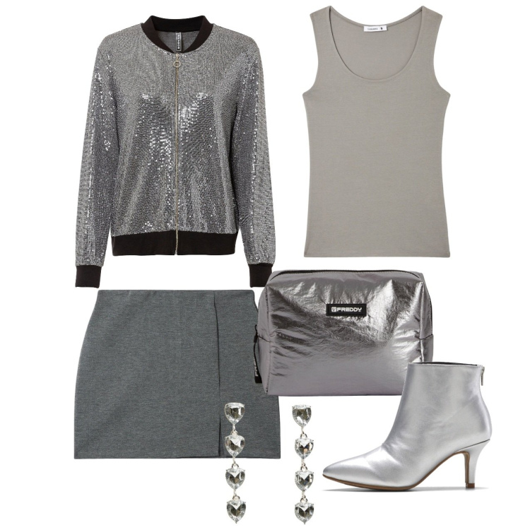 Outfit donna - Serata disco. Stile Chic per Serata fuori. Abbinamento con stivaletti, bomber, orecchini, minigonne, canottiere, valigie.