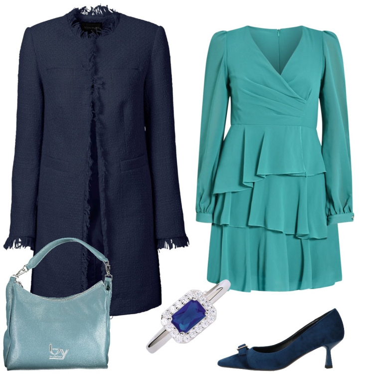 Outfit donna - Aperitivo. Stile Romantica per Serata fuori. Abbinamento con blazer, décolleté, anelli, vestiti lunghi, borse a spalla.
