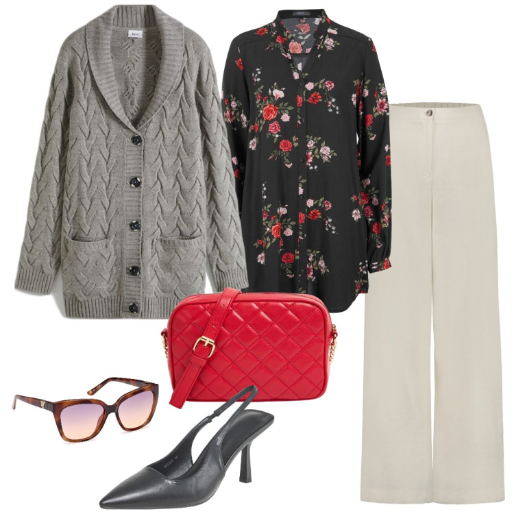 Outfit donna - Aperitivo. Stile Bon Ton per Tutti i giorni. Abbinamento con cardigans, camicie, décolleté, borse a tracolla, pantaloni, occhiali da sole.