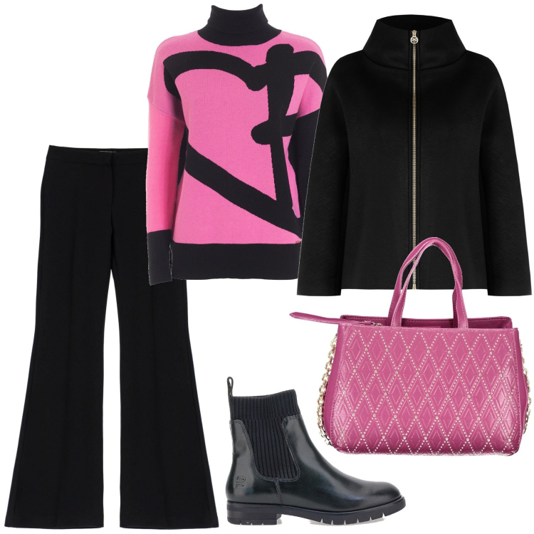 Outfit donna - Pantalone nero must have. Stile Casual chic per Tutti i giorni. Abbinamento con cappe, maglieria, pantaloni, stivaletti, borse a spalla.
