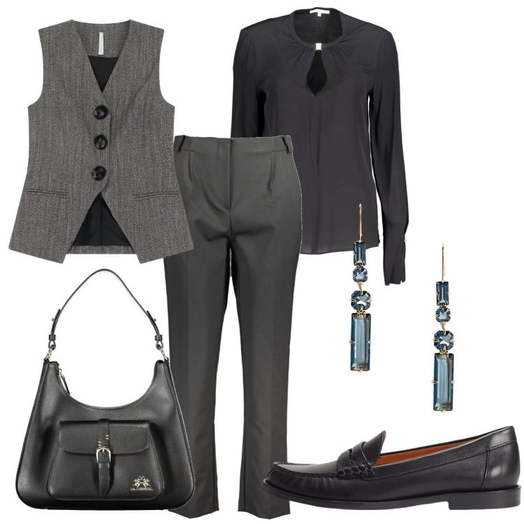 Outfit donna - Maschile con femminilità. Stile Mannish per Ufficio. Abbinamento con gilet, mocassini, orecchini, pantaloni, camicie, borse a spalla.