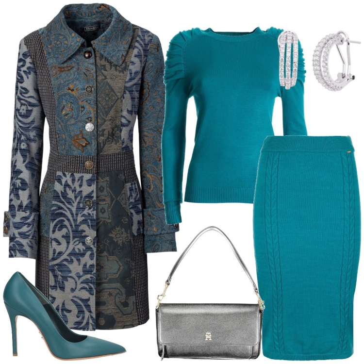 Outfit donna - In maglia. Stile Chic per Tutti i giorni. Abbinamento con cappotti, décolleté, orecchini, maglieria, gonne longuette, borse a spalla.
