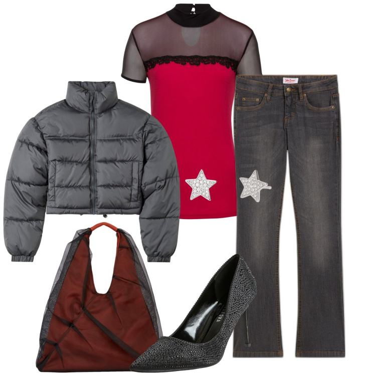 Outfit donna - Trasparenza. Stile Casual chic per Serata fuori. Abbinamento con jeans bootcut, maglieria, décolleté, blazer, orecchini, shopping bag.