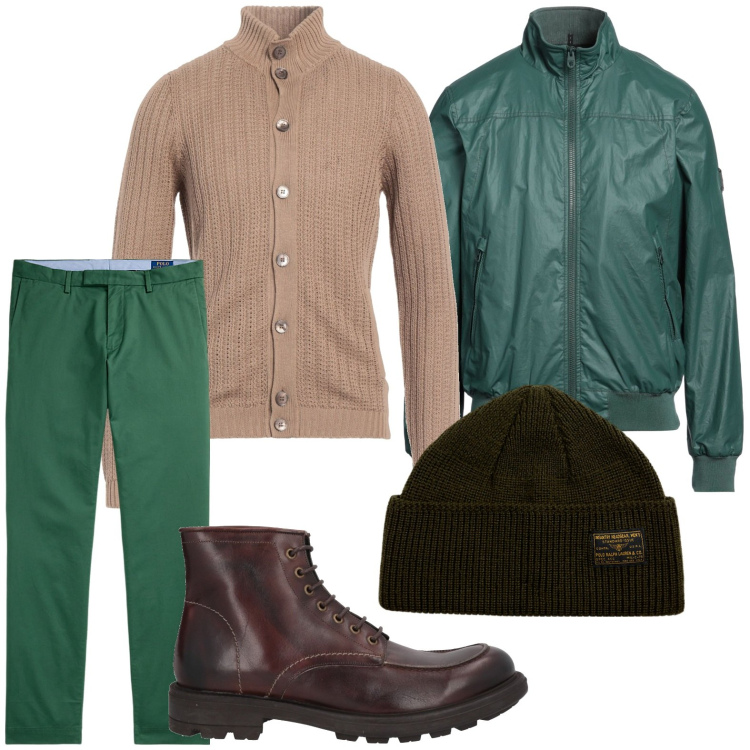 Outfit uomo - Momenti di verde intenso. Stile Trendy per Tutti i giorni. Abbinamento con stivali e stivaletti, giacche, cardigans, berretti, pantaloni.