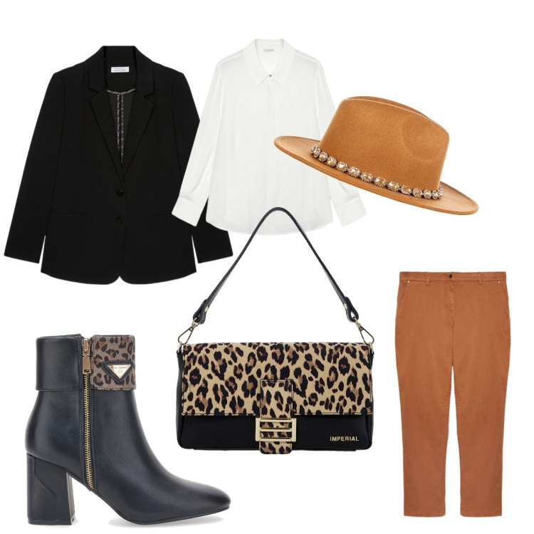 Outfit donna - Cappelli per l\'autunno. Stile Casual chic per Scuola/Università. Abbinamento con cappelli, borse a spalla, stivaletti, camicie, pantaloni, blazer.