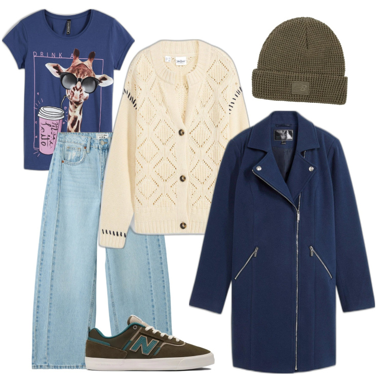 Outfit donna - Soft street ware. Stile Urban per Tutti i giorni. Abbinamento con t-shirt, cardigans, cappotti, jeans, sneakers, berretti.