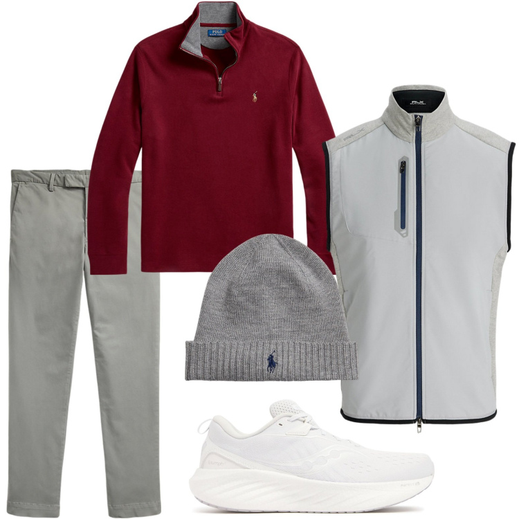 Outfit uomo - A qualcuno piace il bordeaux. Stile Trendy per Tutti i giorni. Abbinamento con berretti, pullovers, gilet, pantaloni, sneakers.