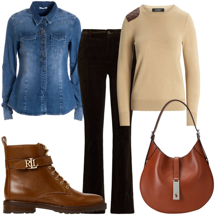 Outfit donna - Marrone per l autunno. Stile Basic per Tutti i giorni. Abbinamento con camicie, borse a spalla, stivaletti, maglieria, pantaloni.