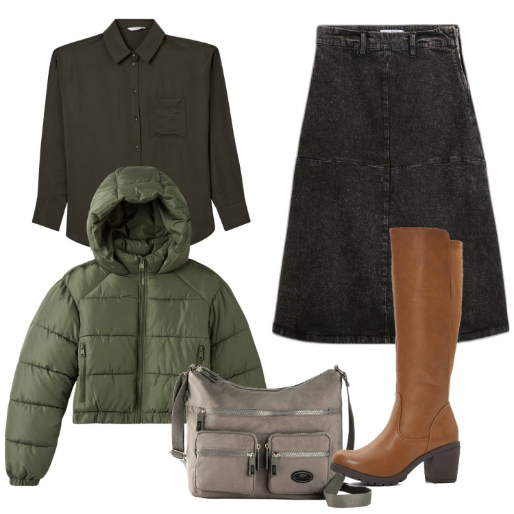 Outfit donna - Pratica in centro. Stile Casual per Tutti i giorni. Abbinamento con stivali, borse a tracolla, gonne longuette, blazer, camicie.