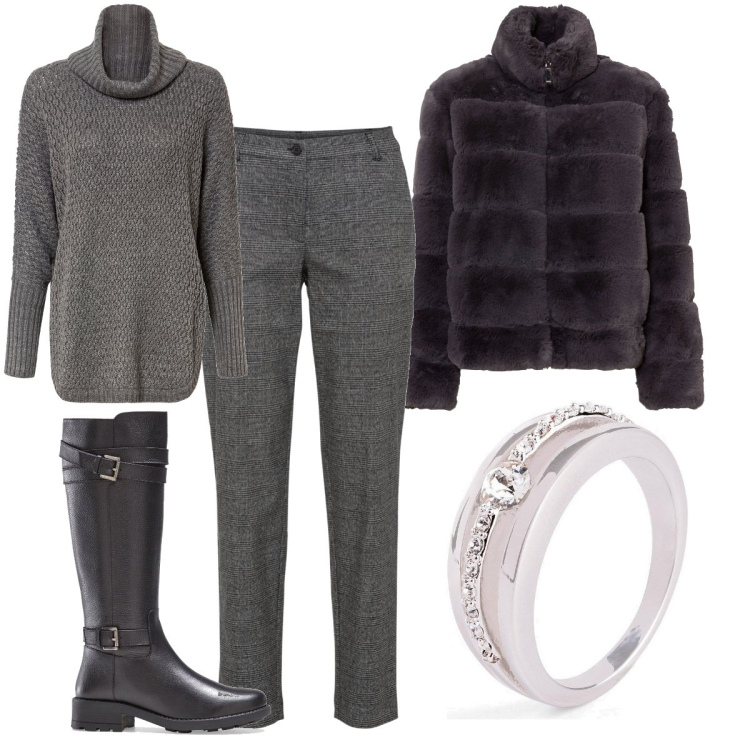 Outfit donna - Total look #1993486. Stile Basic per Tutti i giorni. Abbinamento con pantaloni, stivali, anelli, ecopellicce, maglieria.