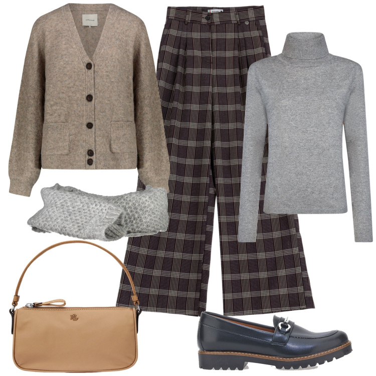 Outfit donna - I pantaloni per l\'autunno. Stile Mannish per Ufficio. Abbinamento con pantaloni, pochette, mocassini, maglieria, cardigans, sciarpe.
