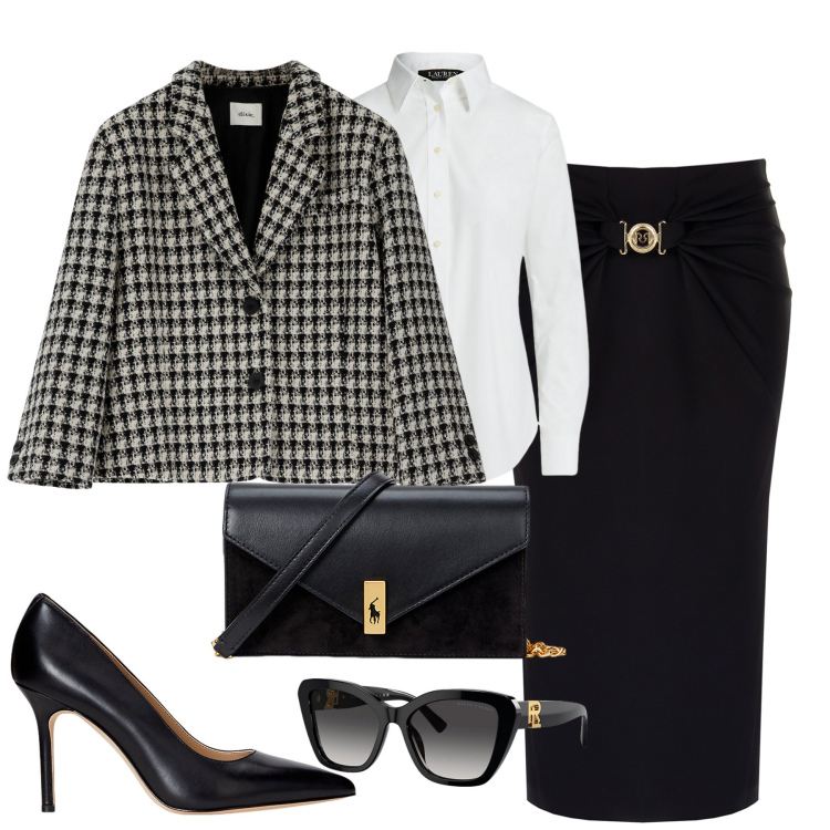 Outfit donna - Chic. Stile Chic per Tutti i giorni. Abbinamento con gonne longuette, blazer, occhiali da sole, camicie, décolleté, clutch.