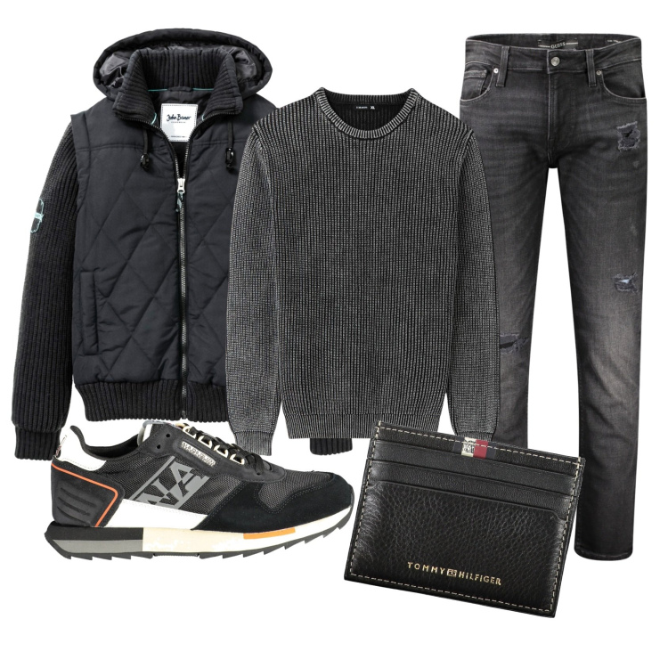 Outfit uomo - Total look #1993511. Stile Urban per Tutti i giorni. Abbinamento con maglieria, giacche, portafogli, sneakers, jeans strappati.