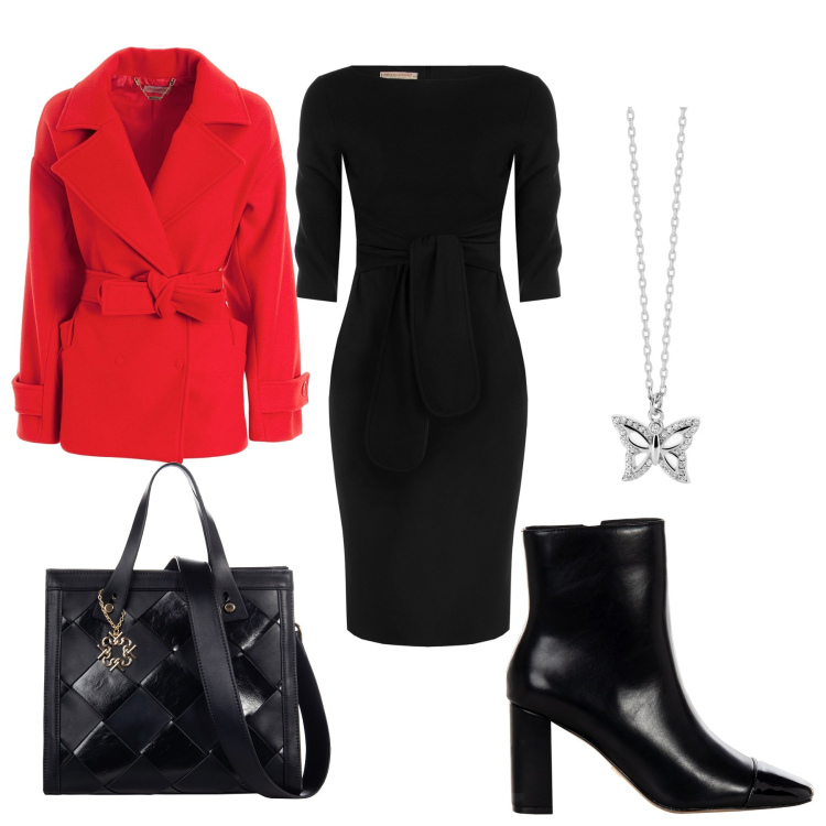 Outfit donna - Outfit ufficio. Stile Casual chic per Ufficio. Abbinamento con collane, borse a mano, stivaletti, vestiti midi/longuette, cappotti.