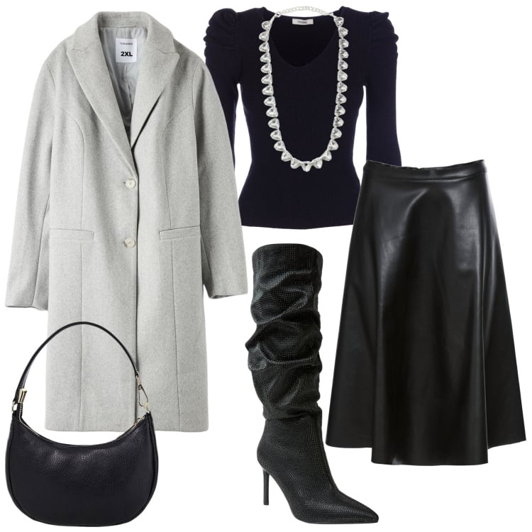 Outfit donna - Serata. Stile Casual chic per Serata fuori. Abbinamento con gonne, collane, cappotti, stivali, maglieria, borse a spalla.