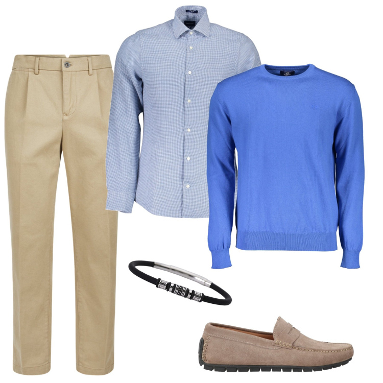 Outfit uomo - Elegante e casual. Stile Casual per Ufficio. Abbinamento con scarpe stringate, braccialetti, pantaloni, maglieria, camicie.