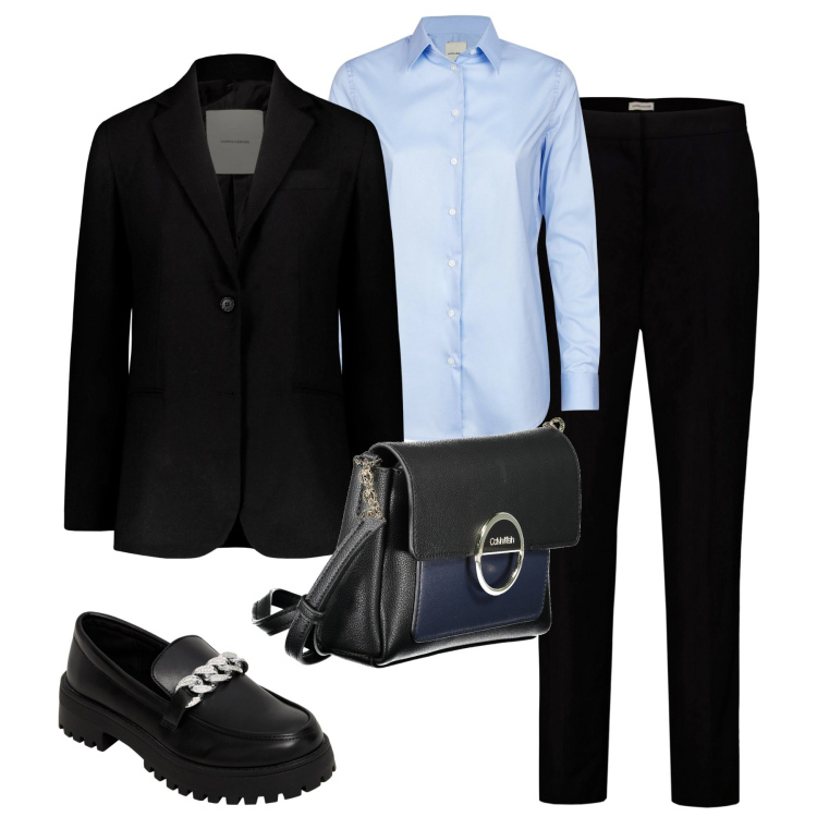 Outfit donna - In ufficio. Stile Mannish per Ufficio. Abbinamento con mocassini, pantaloni, blazer, borse a tracolla, camicie.