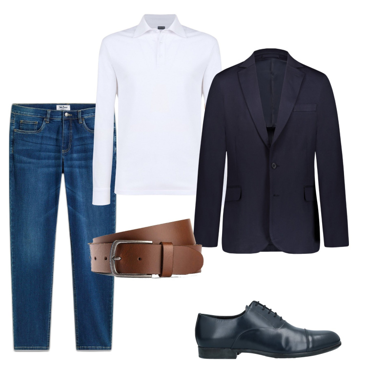 Outfit uomo - Blazer e jeans. Stile Casual per Tutti i giorni. Abbinamento con jeans, cinture, scarpe stringate, giacche, polo.