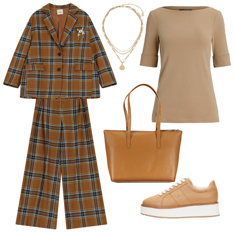 Outfit donna - Tailleur pantalone a quadri. Stile Trendy per Tutti i giorni. Abbinamento con pantaloni, blazer, t-shirt, sneakers, ciondoli, borse a spalla.