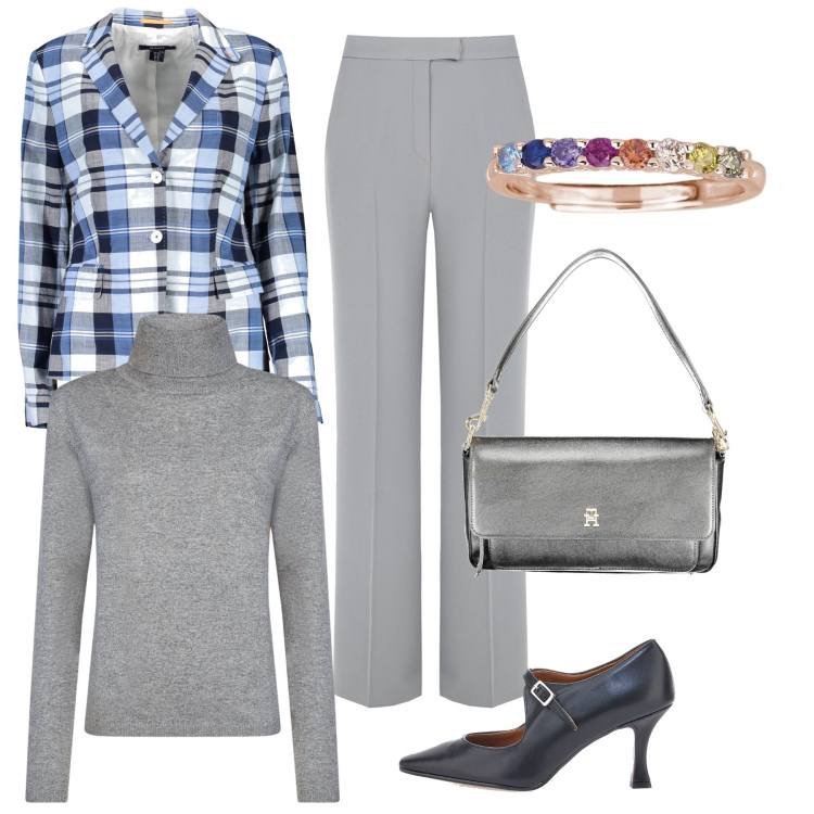 Outfit donna - I pantaloni per me. Stile Casual chic per Ufficio. Abbinamento con anelli, pantaloni a palazzo, maglieria, blazer, décolleté, borse a spalla.