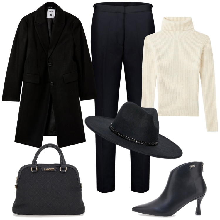 Outfit donna - Cappelli per l\'autunno. Stile Chic per Ufficio. Abbinamento con maglieria, cappotti, stivaletti, pantaloni, borse a spalla, cappelli.