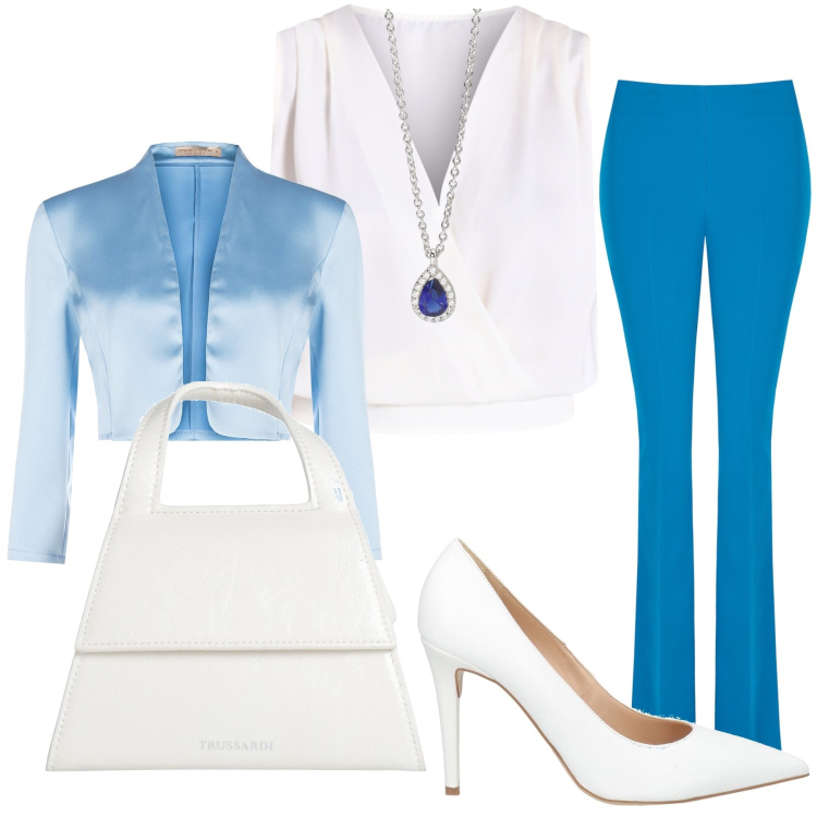 Outfit donna - Bianco e blu. Stile Chic per Cerimonia. Abbinamento con décolleté, borse a mano, collane, top, bolero, pantaloni a palazzo.