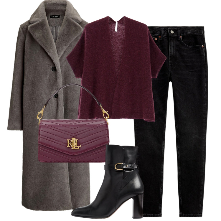 Outfit donna - City. Stile Trendy per Tutti i giorni. Abbinamento con cardigans, jeans slim fit, stivaletti, borse a tracolla, cappotti.