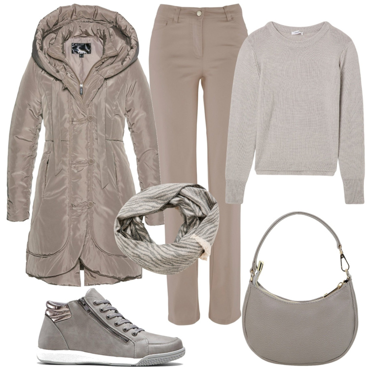 Outfit donna - Colori neutri per i primi freddi. Stile Casual chic per Tutti i giorni. Abbinamento con sneakers alte, blazer, pantaloni, maglieria, sciarpe, borse a spalla.