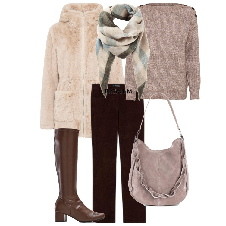 Outfit donna - Total look #1993555. Stile Basic per Tutti i giorni. Abbinamento con maglieria, borse a mano, ecopellicce, stivali, sciarpe, pantaloni.