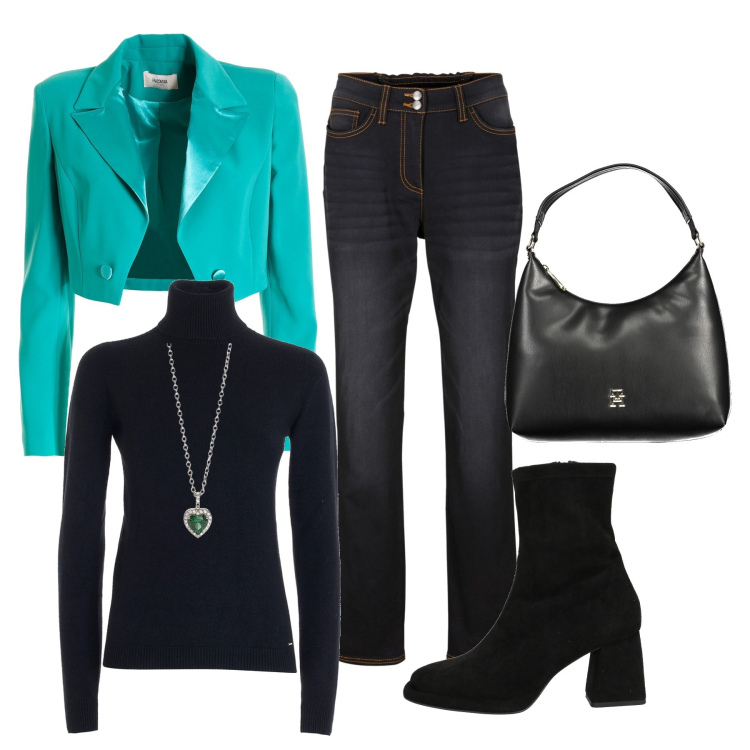 Outfit donna - Il mio stile. Stile Casual per Tutti i giorni. Abbinamento con ciondoli, maglieria, blazer, stivaletti, jeans dritti, borse a spalla.