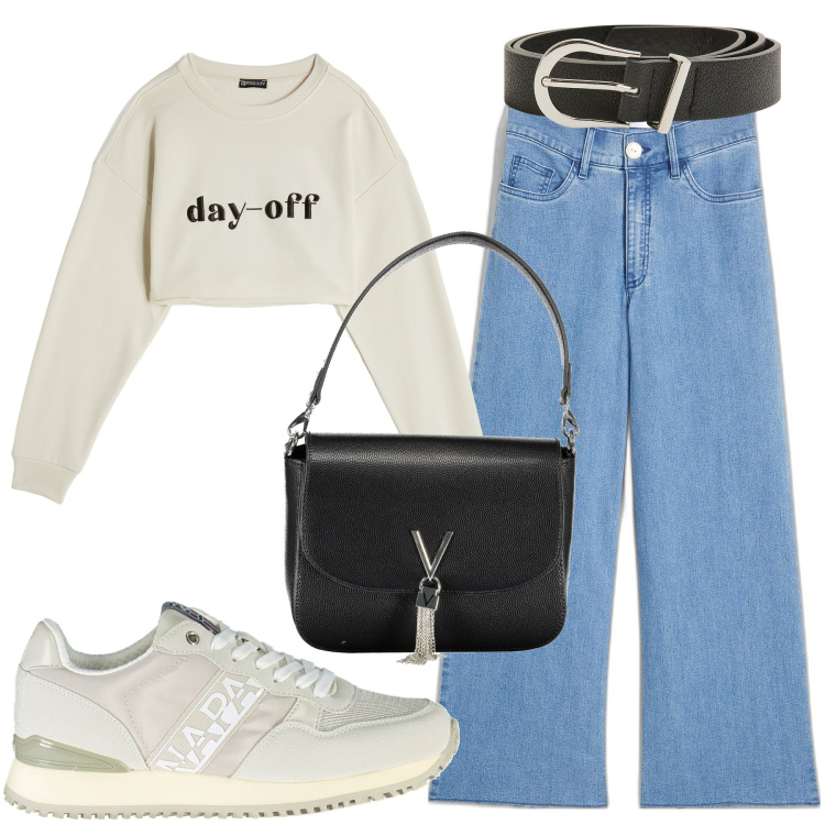 Outfit donna - Il jeans a vita alta. Stile Casual per Tutti i giorni. Abbinamento con jeans, cinture, felpe, sneakers, borse a spalla.