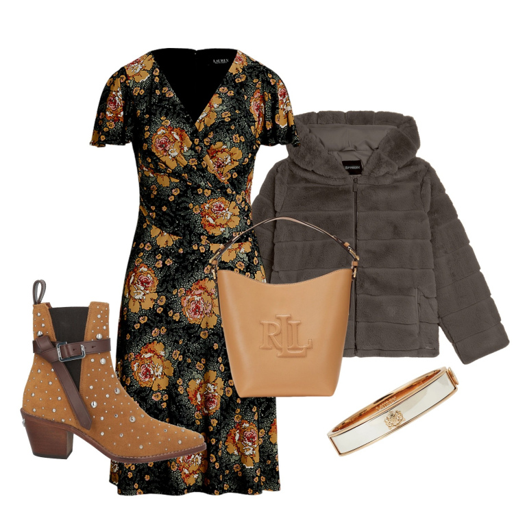 Outfit donna - Domenica pomeriggio. Stile Romantica per Tutti i giorni. Abbinamento con stivaletti texani, blazer, braccialetti, vestiti midi/longuette, borse a secchiello.