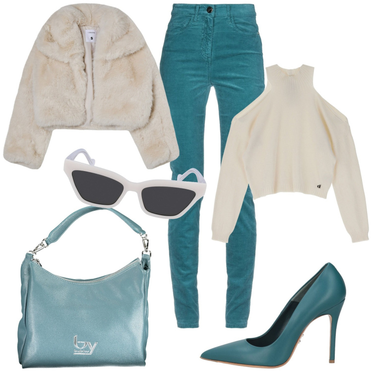 Outfit donna - In città. Stile Glamour per Serata fuori. Abbinamento con pantaloni, décolleté, blazer, maglieria, occhiali da sole, borse a spalla.