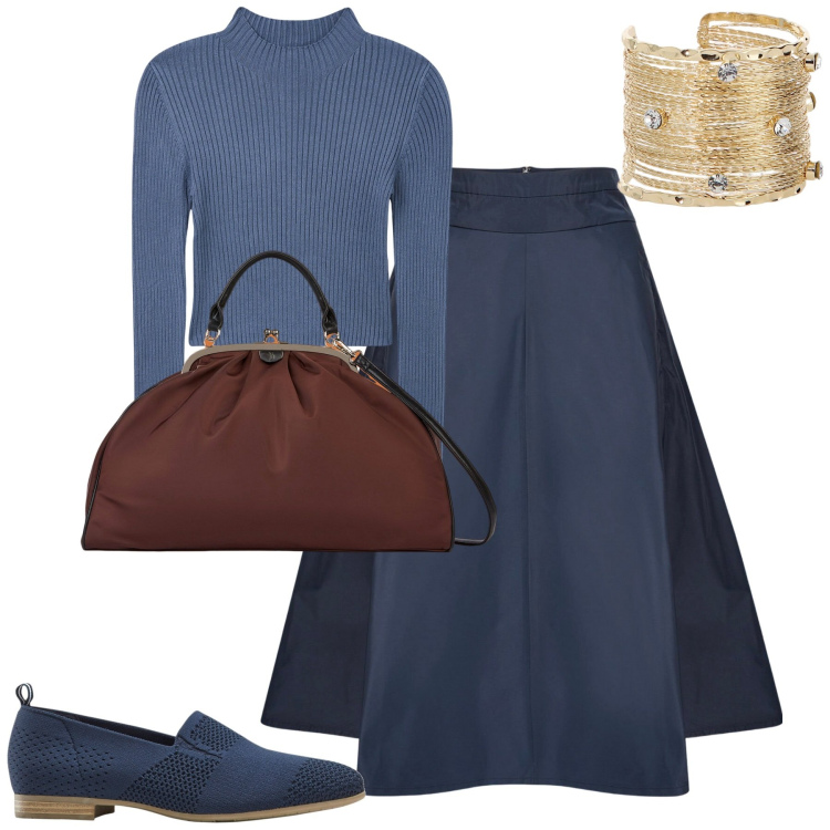 Outfit donna - City. Stile Minimal per Tutti i giorni. Abbinamento con mocassini, gonne, borse a spalla, maglieria, braccialetti.
