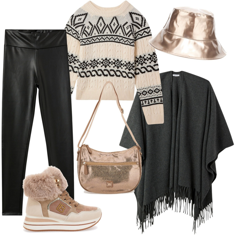 Outfit donna - Effetto WOW: curvy con cappello oro. Stile Sporty chic per Tutti i giorni. Abbinamento con cappe, treggings, maglieria, stivaletti, berretti, borse a tracolla.