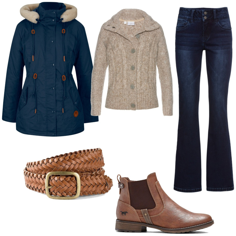 Outfit donna - Bonprix inverno. Stile Basic per Tutti i giorni. Abbinamento con parka, jeans bootcut, cinture, cardigans, stivaletti chelsea.