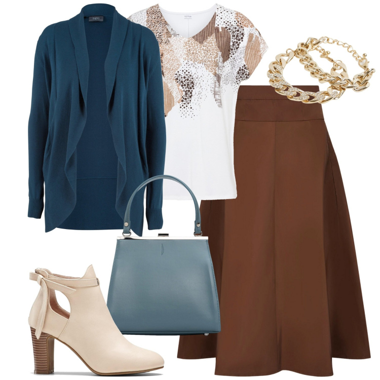 Outfit donna - Total look #1993595. Stile Urban per Tutti i giorni. Abbinamento con stivaletti, cardigans, maglieria, braccialetti, gonne, clutch.