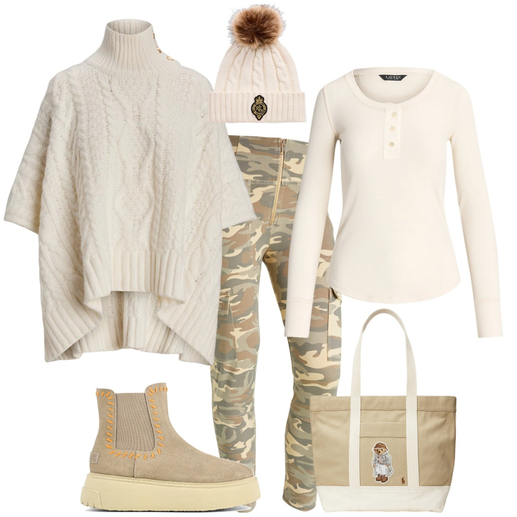 Outfit donna - Total look #1993605. Stile Urban per Scuola/Università. Abbinamento con pantaloni cargo, cappotti, t-shirt, borse tote, berretti, stivaletti.