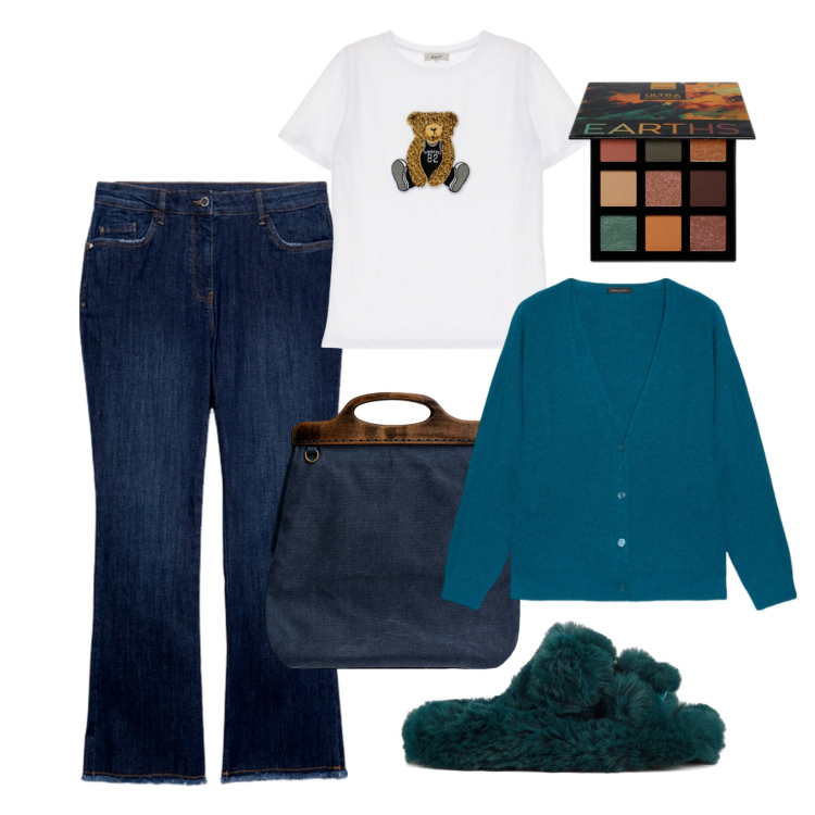 Outfit donna - Donna Curvy!. Stile Trendy per Tutti i giorni. Abbinamento con ombretti, t-shirt, ciabatte, borse a tracolla, jeans a zampa, cardigans.