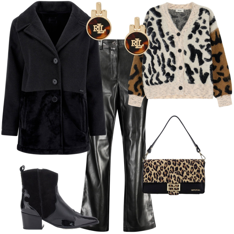 Outfit donna - Total look #1993614. Stile Glamour per Serata fuori. Abbinamento con borse a spalla, cappotti, cardigans, orecchini, stivaletti texani, pantaloni.
