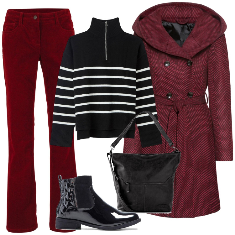 Outfit donna - In autunno bordeaux e nero. Stile Casual per Ufficio. Abbinamento con cappotti, stivaletti, pantaloni, borse a tracolla, maglieria.