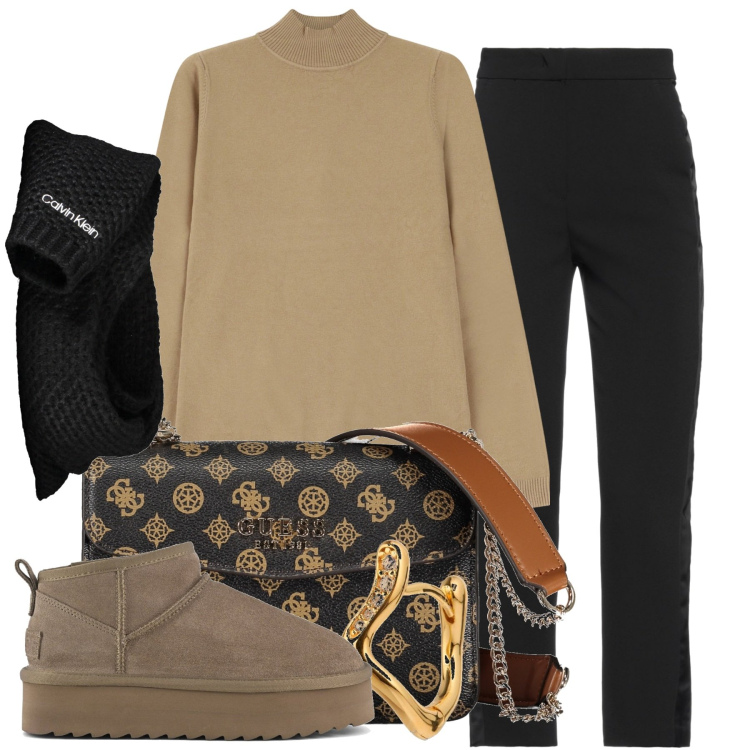 Outfit donna - City. Stile Urban per Tutti i giorni. Abbinamento con pantaloni, maglieria, stivaletti, borse a spalla, orecchini, sciarpe.