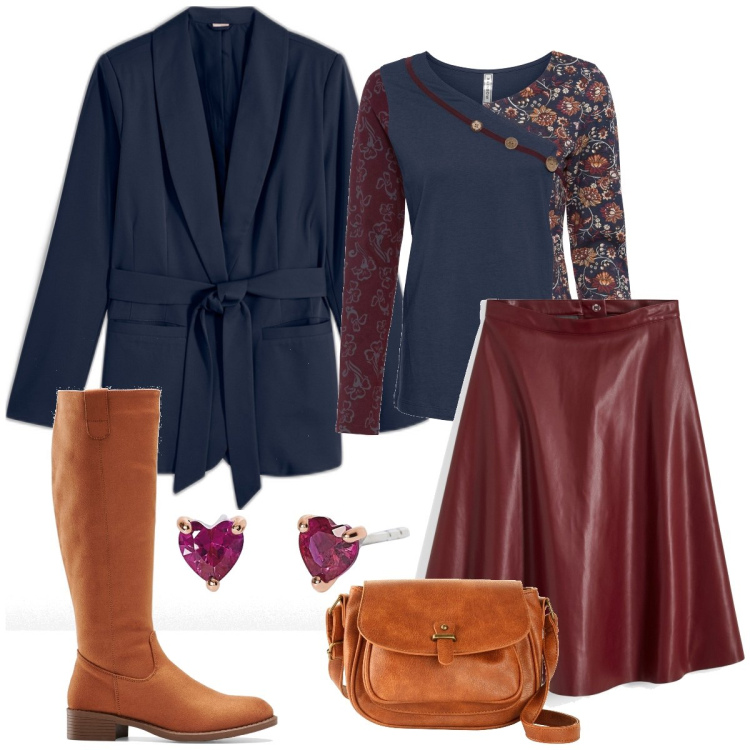 Outfit donna - Pelle. Stile Casual chic per Tutti i giorni. Abbinamento con maglieria, borse a tracolla, stivali, gonne, blazer, orecchini.