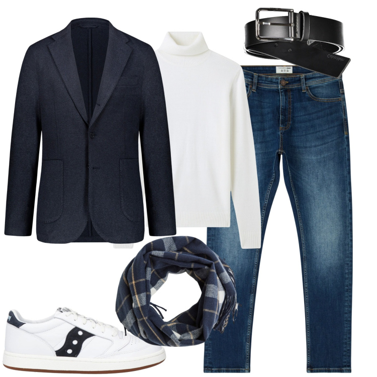 Outfit uomo - Il blazer classico sui jeans. Stile Urban per Tutti i giorni. Abbinamento con sneakers, jeans skinny, maglieria, sciarpe, giacche, cinture.
